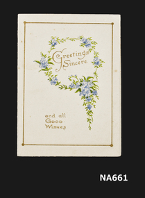 Small white card with blue flowers 'Greetings Sincere' and And All Good Wishes' on front