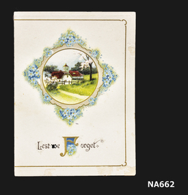  Small white card with scene of house in circle surrounded with blue flowers and 'Lest We forget' on front