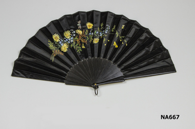Black silk, satin in gauze fan with flowers hand painted on silk.