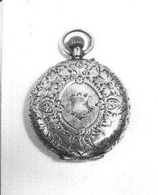 Silver ladies fob watch decorated on lid - white face with black numerals