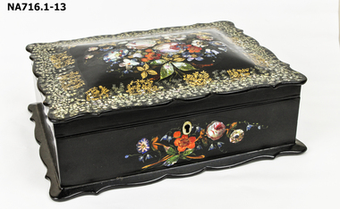 Black paper mache sewing work box. 