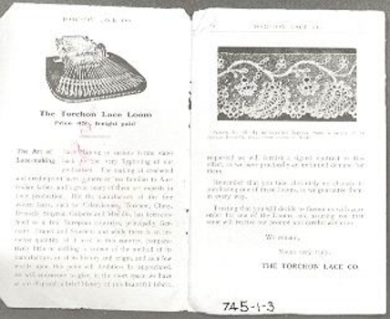 Physical description  Loose pages from a book on torchon lace and the torchon lace loom