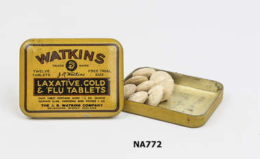 Yellow tablet tin containing 'Laxative, Cold and Flu Tablets' Tablets inside tin