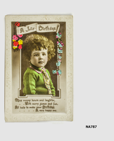 Child's Birthday postcard with photo of curly haired child in green jumper on front