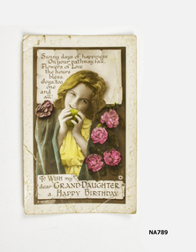 Birthday postcard to a grand- daughter with girl and flowers on front