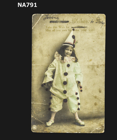 Birthday postcard with girl dressed in clown outfit