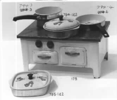 Square tin toy cooking pot - painted yellow with a pattern of colourful roosters with lid.
