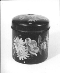  Black papier mache canister with flowers on lid and box.