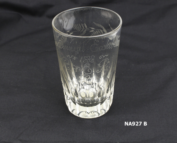  Clear glass tumbler with leaf pattern etched and 'Centennial Exhibition 1888 R & ER' engraved