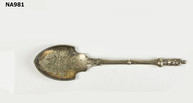 Silver plated jam spoon - flower decoration with Apostle on end of handle