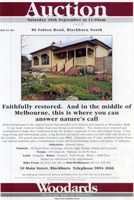 Cream weatherboard house with red trim with verandah and front garden. Text above and below image.