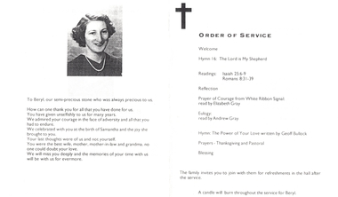Document, Thanksgiving Service for the life of Beryl Barwell Gray, 1/10/1997 12:00:00 AM