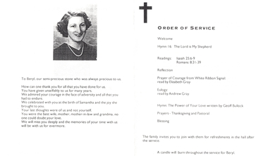 Document, Thanksgiving Service for the life of Beryl Barwell Gray, 1/10/1997 12:00:00 AM