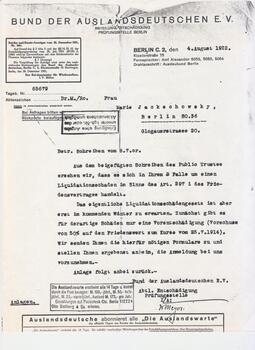 Letter from Association of Expatriate Germans to Marie Jackschowsky .
