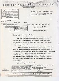 Letter from Association of Expatriate Germans to Marie Jackschowsky .