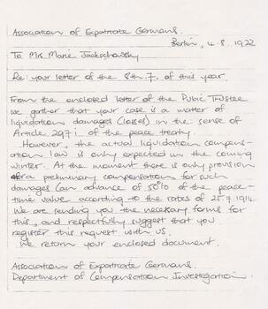 Letter from Association of Expatriate Germans to Marie Jackschowsky in English.