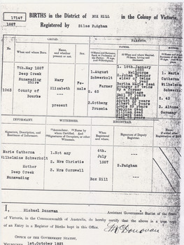 Birth certificate for Mary Elizabeth Schwerkolt.