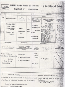 Birth certificate for Mary Elizabeth Schwerkolt.