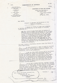 Letter to Mrs. Jackschowsky notifying her of acquisition of properties in Mitcham and Northcote.