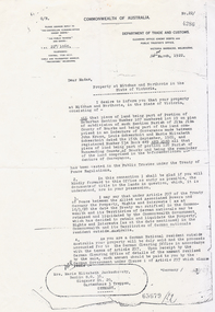 Letter to Mrs. Jackschowsky notifying her of acquisition of properties in Mitcham and Northcote.