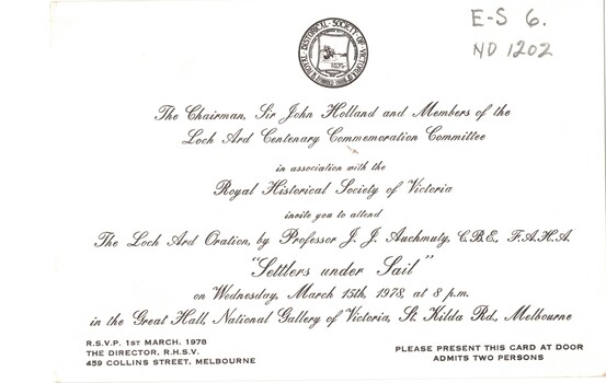 Invitation to the Loch Ard Oration by Professor J.J.Auchmuty, 'Settlers under sail', 15/03/1978.