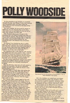 History of the Polly Woodside whose last voyage under sail to Sydney was in 1922, was brought to Melbourne in 1962.   