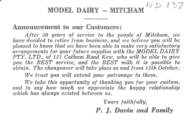 Work on paper - Ephemera, Model Dairy- Mitcham, 1939