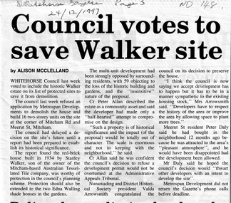 Article, Council votes to save Walker site, 24/12/1997 12:00:00 AM