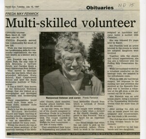 Newspaper - Herald Sun, Freda May Fenwick Multi-skilled volunteer, 1/07/1997 12:00:00 AM