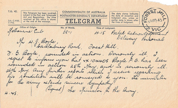 Telegram to W.G. Boyle, 9/5/1945 informing him that F.G. Boyle had been wounded in action.