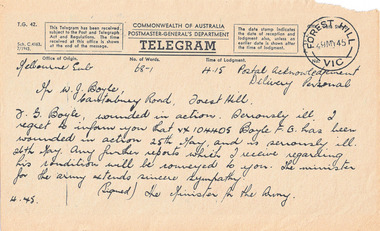 Telegram to W.G. Boyle, 9/5/1945 informing him that F.G. Boyle had been wounded in action.