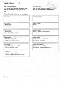 Family chart - John E Chalmers & Anne (Hopkins) Chalmers and children