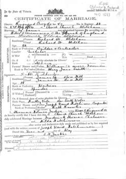 Marriage Cert -  Frederick Thomas Chalmers - Hilda H Hutchinson 2 May 1914