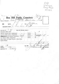 Box Hill Cemetery Receipt Mary Jane Chalmers, dec'd. 1948