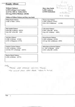 Family chart - William Chalmers & Mary Jane (Smith) Chalmers and their children