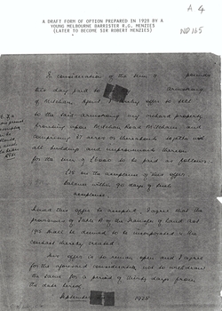 Draft form of an option prepared in 1928 by Melbourne barrister R.G. Menzies