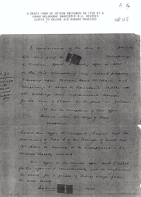 Draft form of an option prepared in 1928 by Melbourne barrister R.G. Menzies
