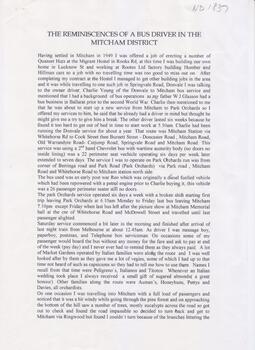 'Reminiscences of a bus driver in the Mitcham district' written by Bill Glasson - page 1 of 2.