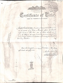 Certificate of Title dated 31 January 1889 in the name of Walter Downing located on Whitehorse Road transferred to Carlton and West End Breweries Ltd then to Carlton Breweries Ltd.  Photocopy,