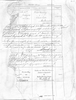 Certificate of Title dated 31 January 1889 in the name of Walter Downing located on Whitehorse Road transferred to Carlton and West End Breweries Ltd then to Carlton Breweries Ltd.  Photocopy,