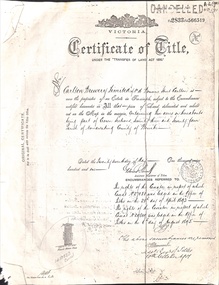 Certificate of Title in the name of Carlton Brewery Limited, dated 27 May 1901.   Land located in Whitehorse Road [Blackburn].   