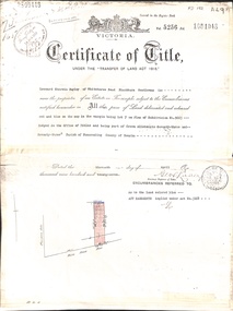 Certificate of Title in the name of Leonard Sherwin Bailey, located on Whitehorse Road, Blackburn, dated 11 April 1927.   