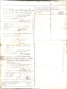 Certificate of Title in the name of Leonard Sherwin Bailey, located on Whitehorse Road, Blackburn, dated 11 April 1927.   Transferred to Carlton and United Breweries 4 October 1968.