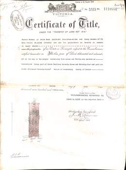 Certificate of Title in the names of Eugene Gorman and Harry Jackman issued 2 July 1929.     Located in Whitehorse Road, Blackburn and transferred to Carlton and United Breweries Limited 4 October 1968.