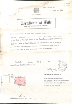 Certificate of Title in the name of Andrew Bruce Anderson, dated 12 June 1958.