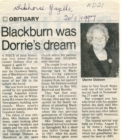 Obituary of Dorrie (Anne) Dobson who died in August at the age of 95. 