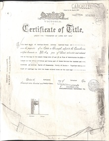 Title certificate  for land in Deakin Street, Mitcham issued on 15 November 1923.