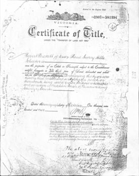 Certificate of Title for land between Ormond Avenue, Fellows Street, Victoria Avenue and Mitcham Road, Mitcham owned by Robert Becket.   