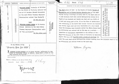 Record of sale of land on Metropolitan Avenue, Nunawading from  William Logan to William James O'Shea 