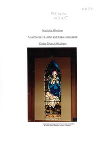 Cover page of a 7 Page document which includes history of the window and the McClelland family - Nativity Window at Christ Church Mitcham.
